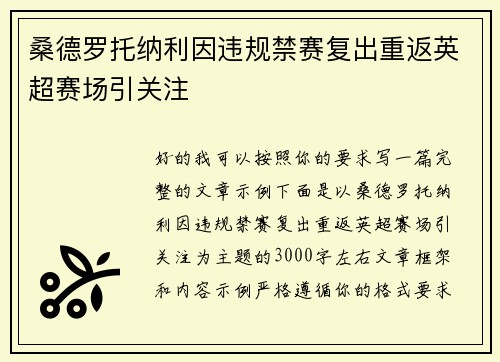 桑德罗托纳利因违规禁赛复出重返英超赛场引关注 桑德罗托纳利因违规禁赛复出重返英超赛场引关注